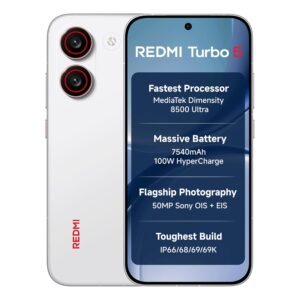 REDMI Turbo 5 (8GB RAM + 256GB Storage) – Dimensity 8500 Ultra, 7540mAh Battery, 100W HyperCharge, 50MP Sony OIS Camera | Turbo White